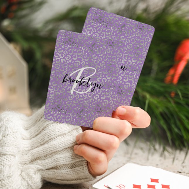 Glam Purple Silver Leopard Spots Script Monogram  Poker Cards (Creator Uploaded)