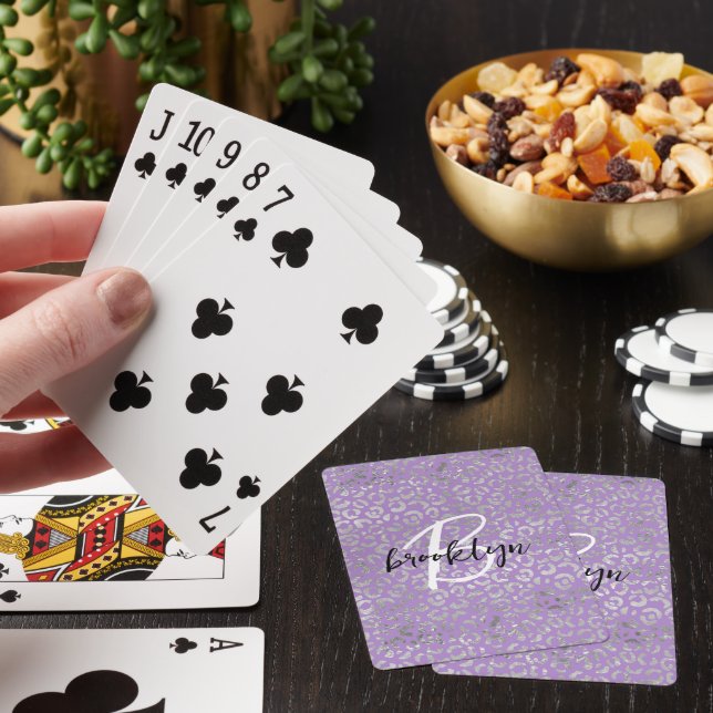Glam Purple Silver Leopard Spots Script Monogram  Poker Cards (In Situ)