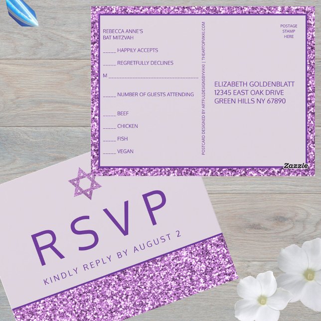 Glam Purple Simple Modern Bat Mitzvah RSVP Postcard (What could be easier than these purple glam Bat Mitzvah RSVP postcards)