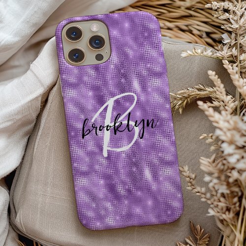 Glam Purple Sparkle Black White Script Monogram  iPhone 15 Case