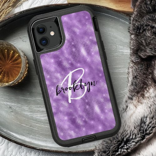 Glam Purple Sparkle Black White Script Monogram iPhone 15 Pro Max Case