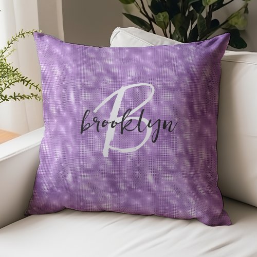 Glam Purple Sparkle Black White Script Monogram  Throw Pillow