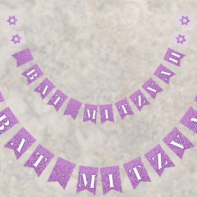 Glam Purple Sparkle Girl Chic Elegant Bat Mitzvah Bunting Flags (Add these purple faux glitter bunting flags to your Bat Mitzvah party decorations for extra fun)