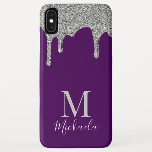 Glam Purple Sparkle Silver Glitter Drips Monogram iPhone XS Max Case