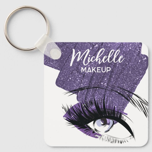 Glam Purple Sparkly Glittery Eye Makeup Artist  Keychain (Front)