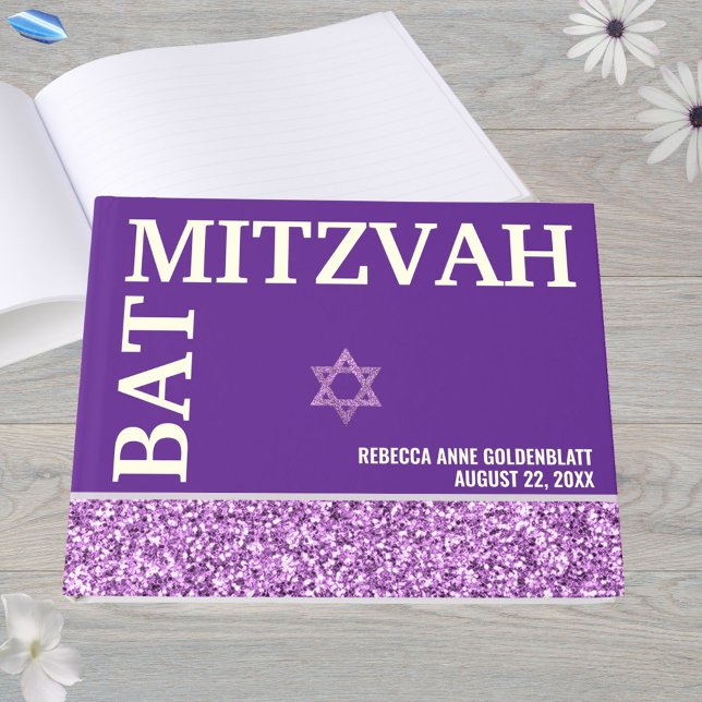 Glam Purple Star Of David Bat Mitzvah Gold Foil Guest Book (This faux purple glitter Bat Mitzvah guest book with real gold foil is easy to personalize)
