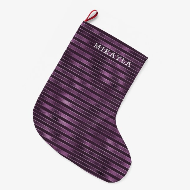 Glam Purple Stripes Large Christmas Stocking (Front (Hanging))