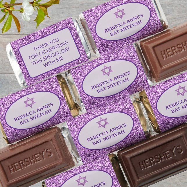 Glam Purple Sweet Treats Bat Mitzvah Party Hershey's Miniatures (Super simple to personalize, these purple glam Bat Mitzvah mini chocolates make sweet party favors)