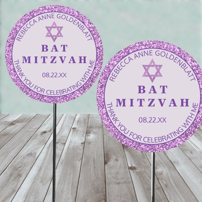Glam Purple Thank You Chic Bat Mitzvah Party Classic Round Sticker (These purple faux glitter Bat Mitzvah round stickers are easy to personalize)