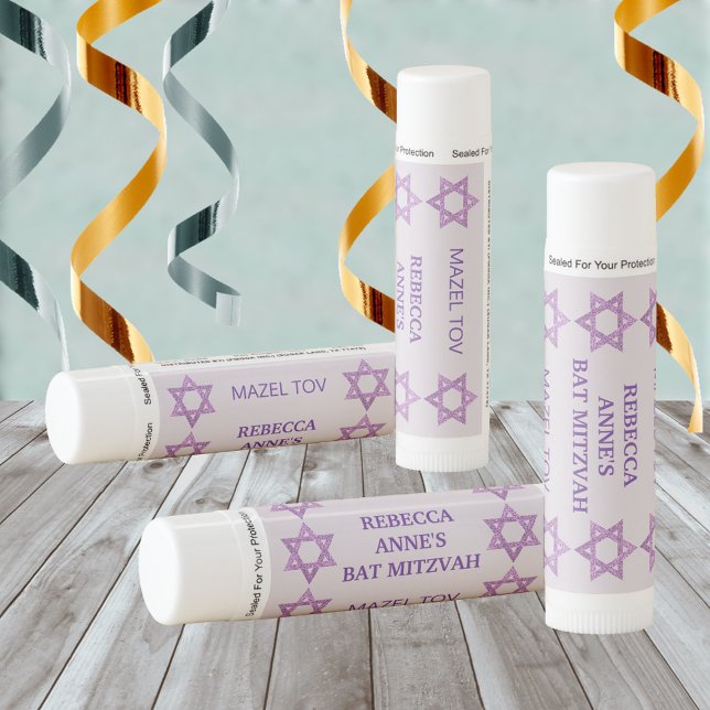 Glam Purple Trendy Girl Chic Bat Mitzvah Party Lip Balm (These custom lip balms make cute Bat Mitzvah party favors)