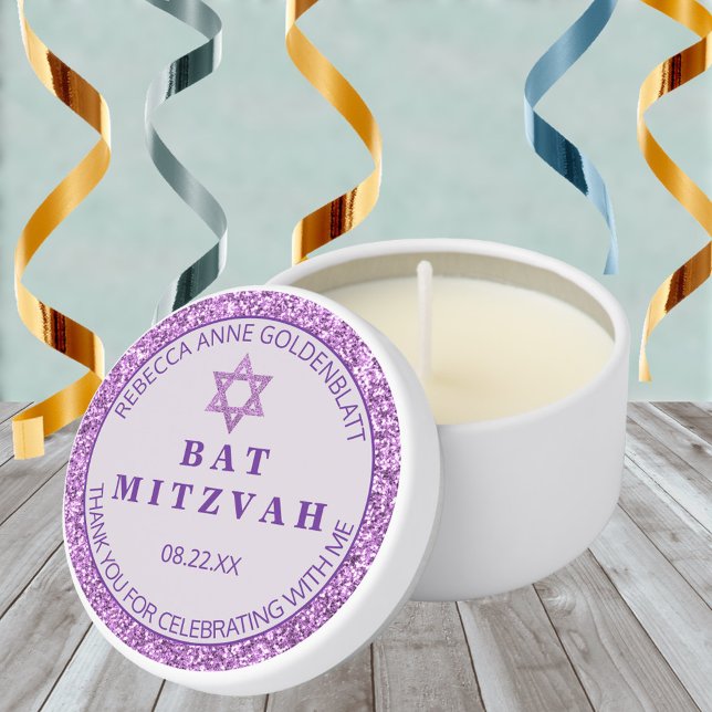 Glam Purple Trendy Religious Bat Mitzvah Party Mini Candle Favors (Cute little keepsake candles make terrific Bat Mitzvah party favors)
