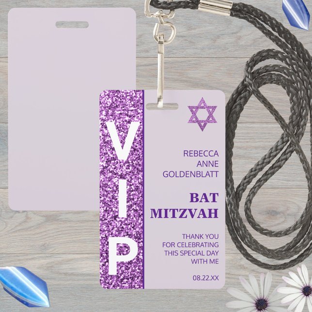 Glam Purple Unique VIP Bat Mitzvah Party Favor Badge (Custom VIP pass badges are so fun for a Bat Mitzvah party and make unique party favors)
