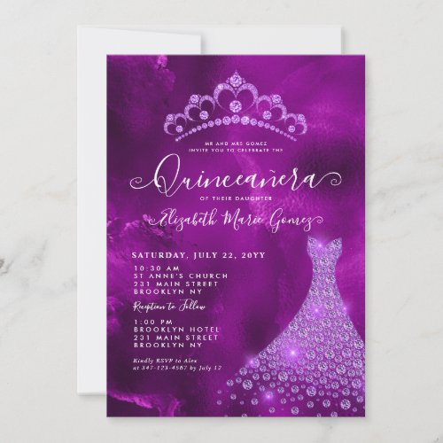 Glam Purple Violet Diamond Tiara Dress Quinceanera Invitation