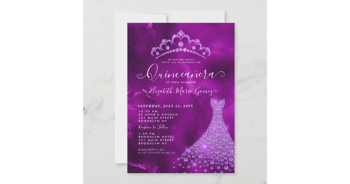 Glam Purple Violet Diamond Tiara Dress Quinceanera Invitation Zazzle