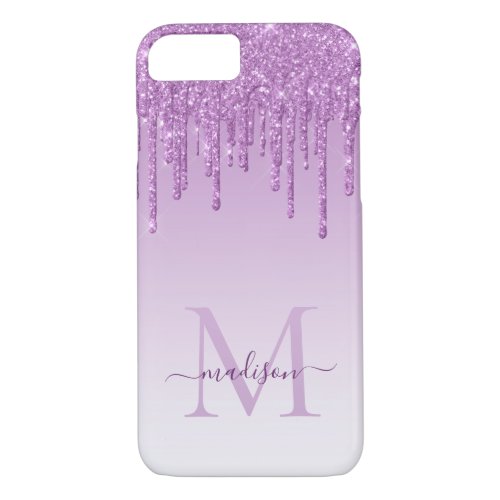 Glam Purple Violet Glitter Drips Sparkle Monogram iPhone 87 Case