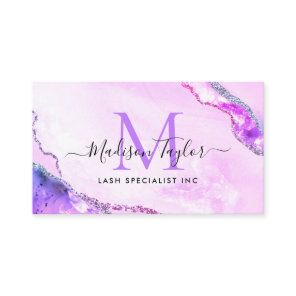 Glam Purple Violet Glitter Marble Agate Monogram Business Card