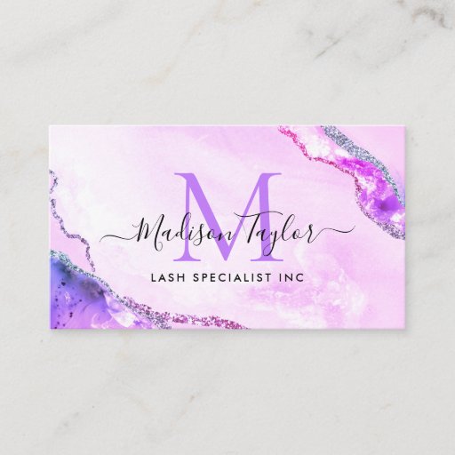 Customizable Glam Purple Violet Glitter Marble Agate Monogram Business Card
