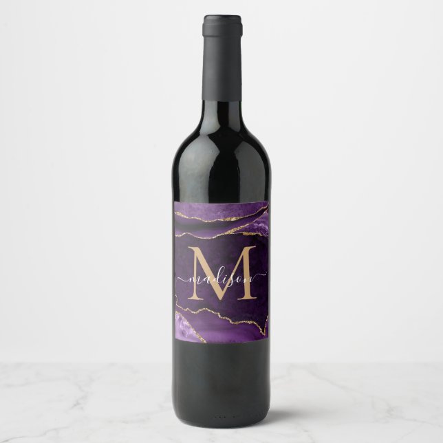 Glam Purple Violet Gold Agate Geode Chic Monogram Wine Label (Front)