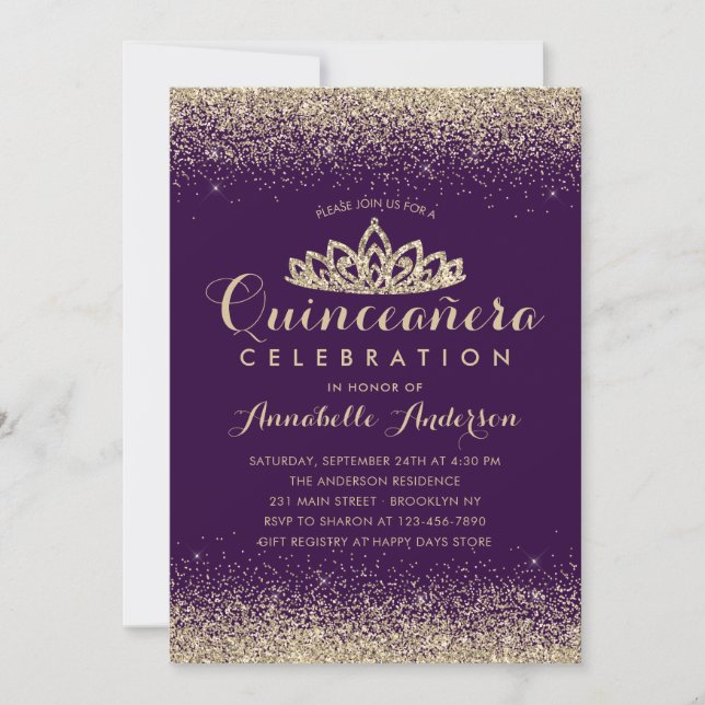Glam Purple Violet Quinceañera Gold Tiara Glitter  Invitation (Front)