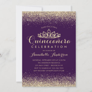 Glam Purple Violet Quinceañera Gold Tiara Glitter Invitation