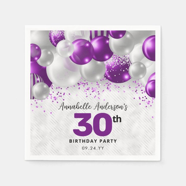 Glam Purple Violet Silver Balloon Glitter Birthday Napkins (Front)