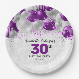 Glam Purple Violet Silver Balloon Glitter Birthday Paper Plates
