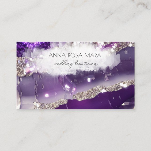*~* Glam QR Agate Purple Silver Glitter AP66 Luxe Business Card (Front)