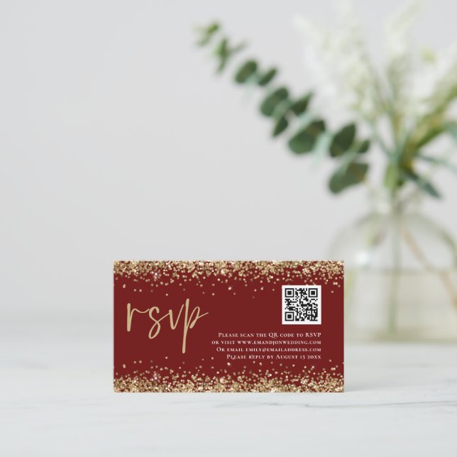 Glam QR Code Gold Glitter Wedding Burgundy RSVP  Enclosure Card (Standing Front)