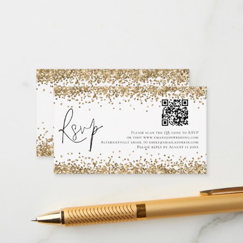 Glam QR Code Gold Glitter Wedding RSVP Enclosure Card