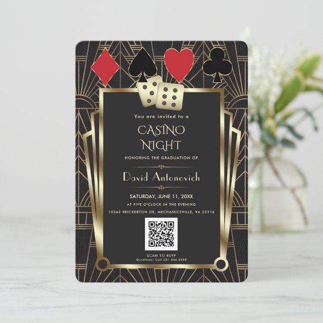 Glam QR Code Las Vegas Casino Night Graduation   Invitation (Standing Front)
