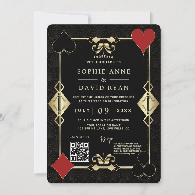 Glam QR Code Roaring 20s Gold Art Deco Wedding  Invitation (Front)