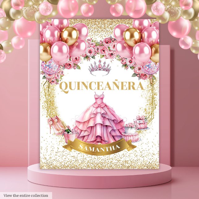 Glam Quinceañera Backdrop Pink Dress Gold Tiara (Glam Quinceañera Backdrop Pink Dress Gold Tiara

)