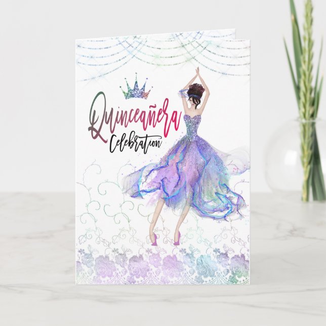 Glam Quinceanera Floral Lace Dancer blue Lilac Invitation (Front)