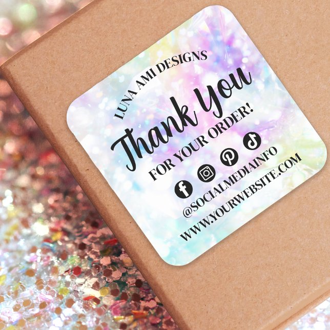 Glam Rainbow Crystal Diamond Thank You Order Square Sticker (Creator Uploaded)