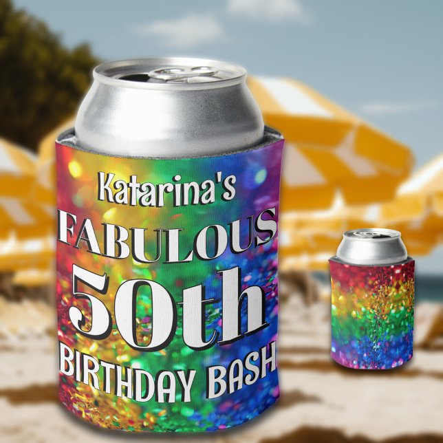 Glam Rainbow Glitter Fabulous 50 Birthday Party Can Cooler (Creator Uploaded)