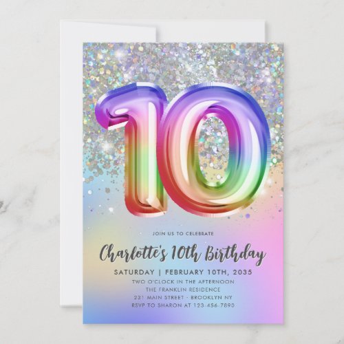 Glam Rainbow Glitter Foil Balloon 10th Birthday Invitation