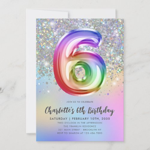 Glam Rainbow Glitter Foil Balloon 5th Birthday Invitation