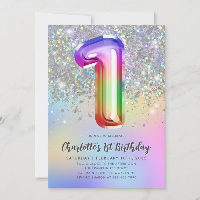 Glam Rainbow Glitter Foil Pastel Girl 1st Birthday Invitation (Front)