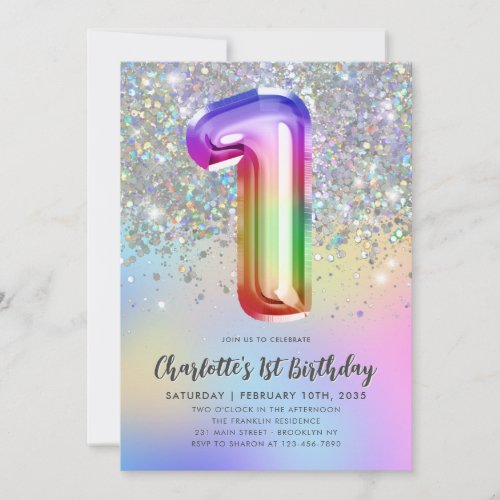 Glam Rainbow Glitter Foil Pastel Girl 1st Birthday Invitation