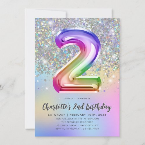 Glam Rainbow Glitter Foil Pastel Girl 2nd Birthday Invitation