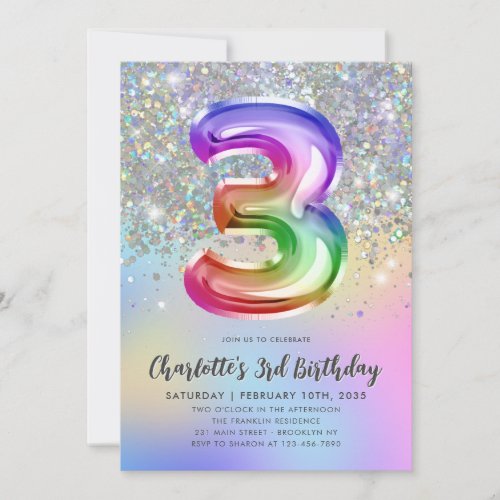 Glam Rainbow Glitter Foil Pastel Girl 3rd Birthday Invitation