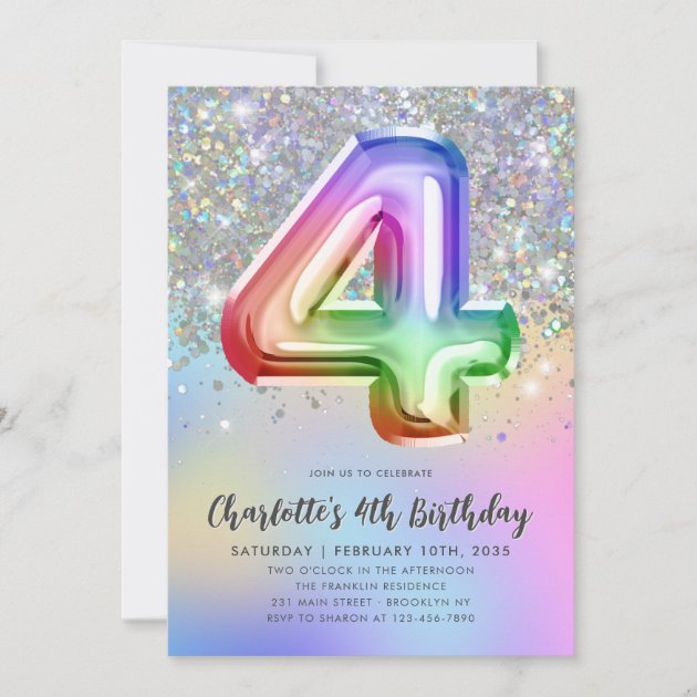 Glam Rainbow Glitter Foil Pastel Girl 4th Birthday Invitation | Zazzle