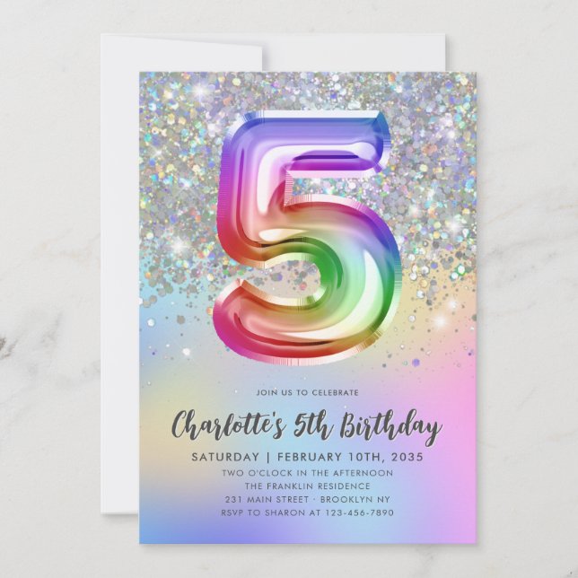 Glam Rainbow Glitter Foil Pastel Girl 5th Birthday Invitation (Front)