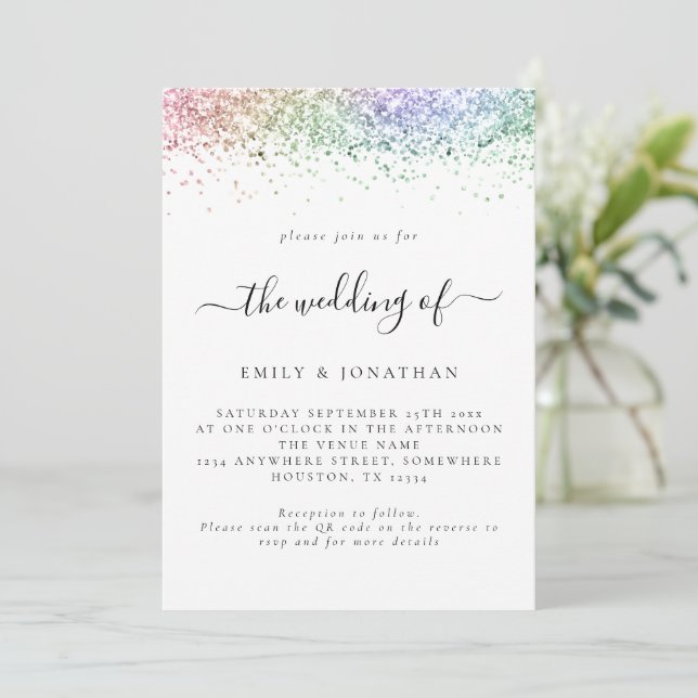 Glam Rainbow Glitter QR code Wedding Invitation (Standing Front)