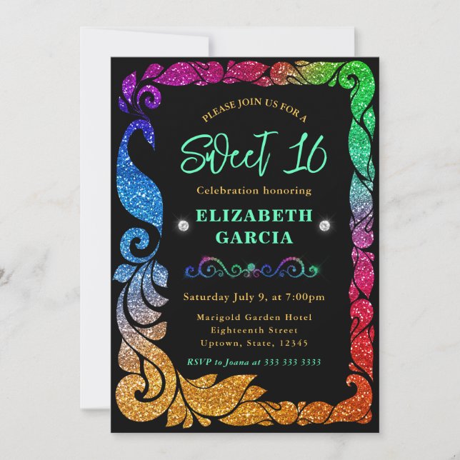Glam Rainbow Gradient Glitter Peacock Sweet 16 Invitation (Front)