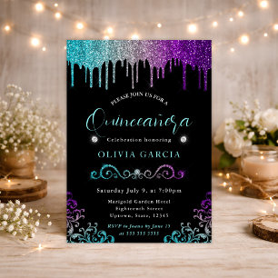 Glam Rainbow Gradient Glitter Quinceanera Invitation