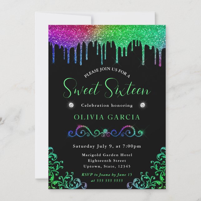 Glam Rainbow Gradient Glitter Sweet 16 Invitation (Front)