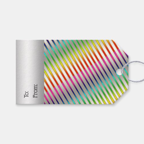 Glam Rainbow Stripes on Silver Background Gift Tags