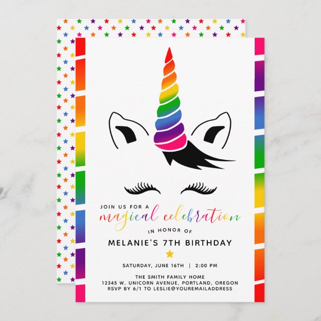 Glam Rainbow Unicorn Birthday Party Invitation (Front/Back)