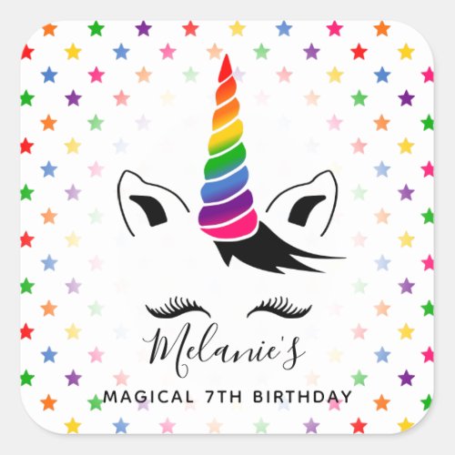 Glam Rainbow Unicorn Birthday Party Square Sticker